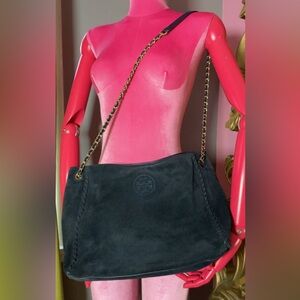 Tory Burch Black Suede Shoulder Bag with Chain Strap